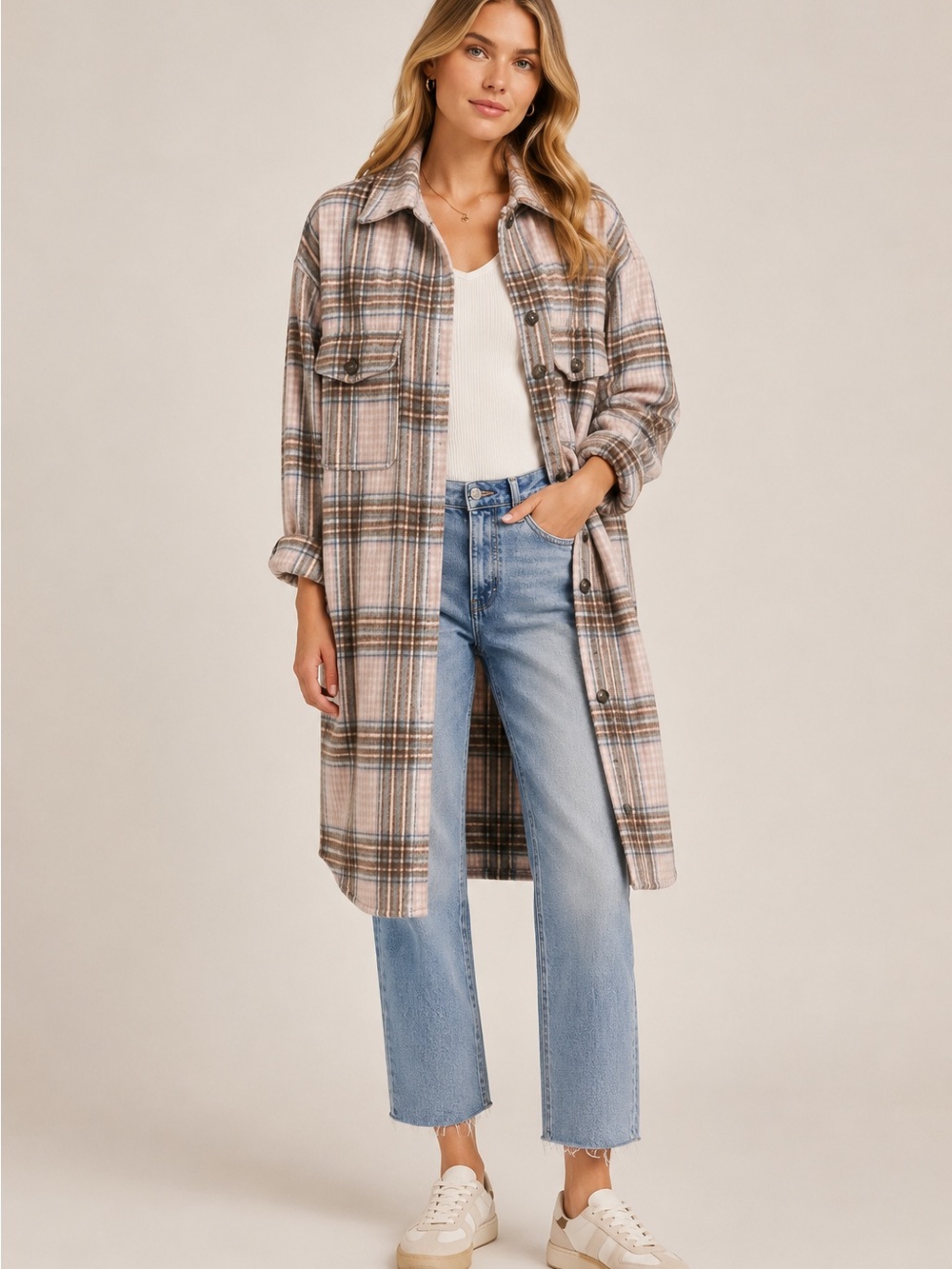 Veveret Long Plaid Flannel Shacket Pink Brown Oversized Coat